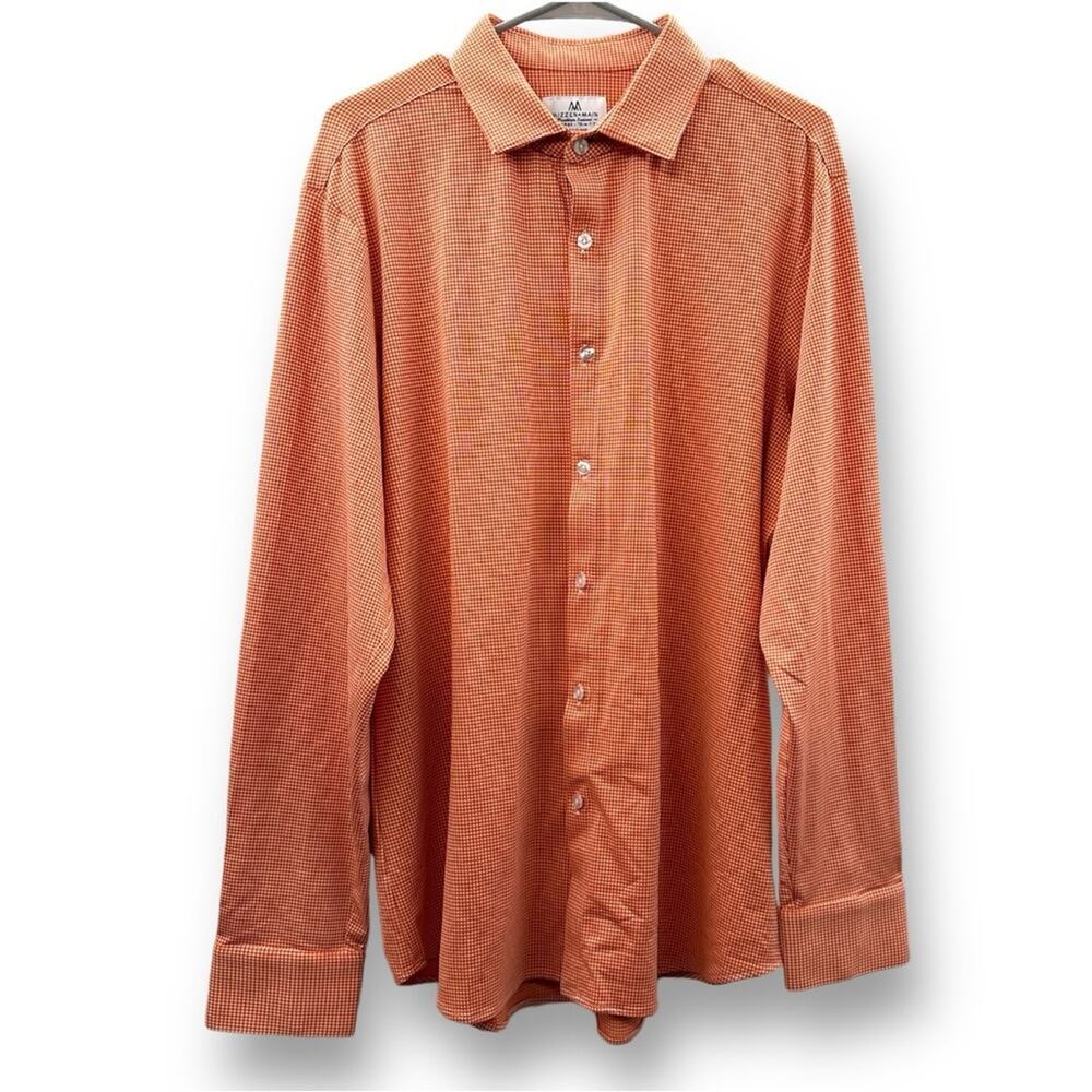 Mizzen + Main Orange & White Plaid Gingham Long Sleeve Button Down Shirt Sz XL
